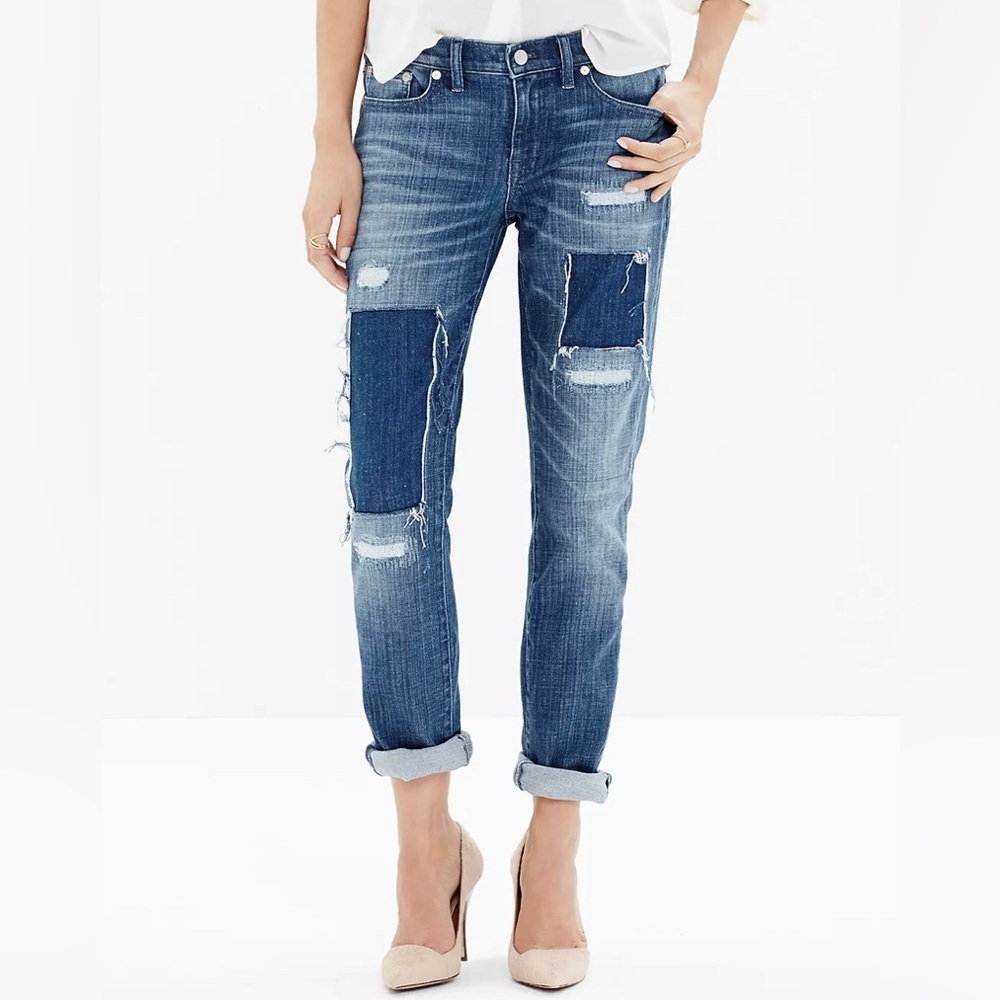 Madewell Distressed Patchwork Boyfriend Jeans in Blue Sz 31